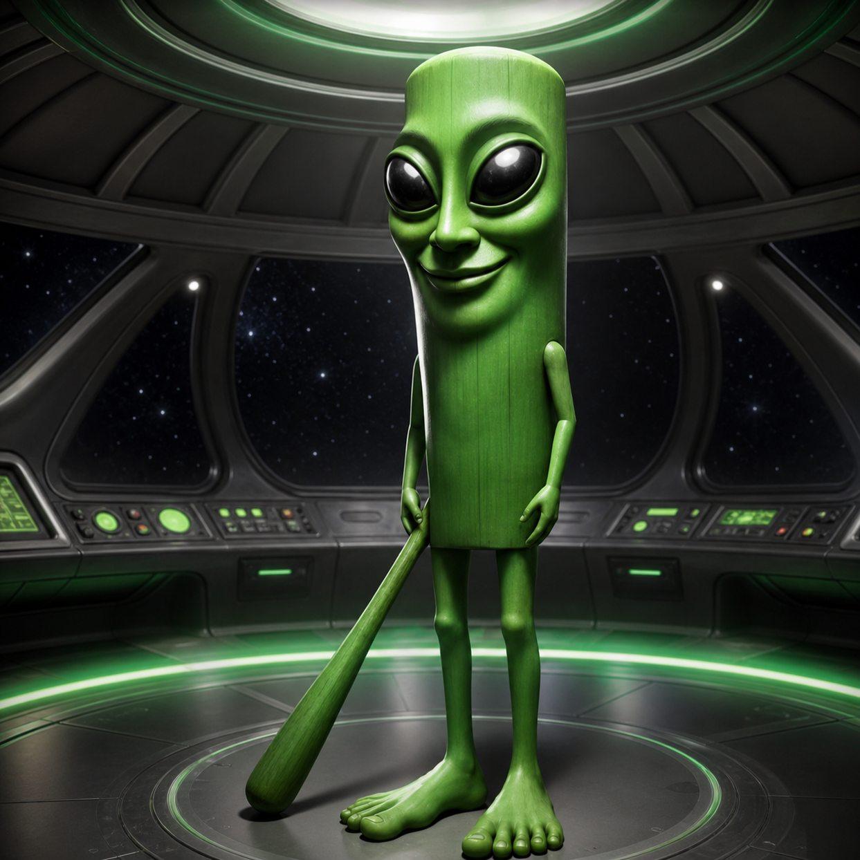 Green alien wooden SAHULIEN mascot with black eyes